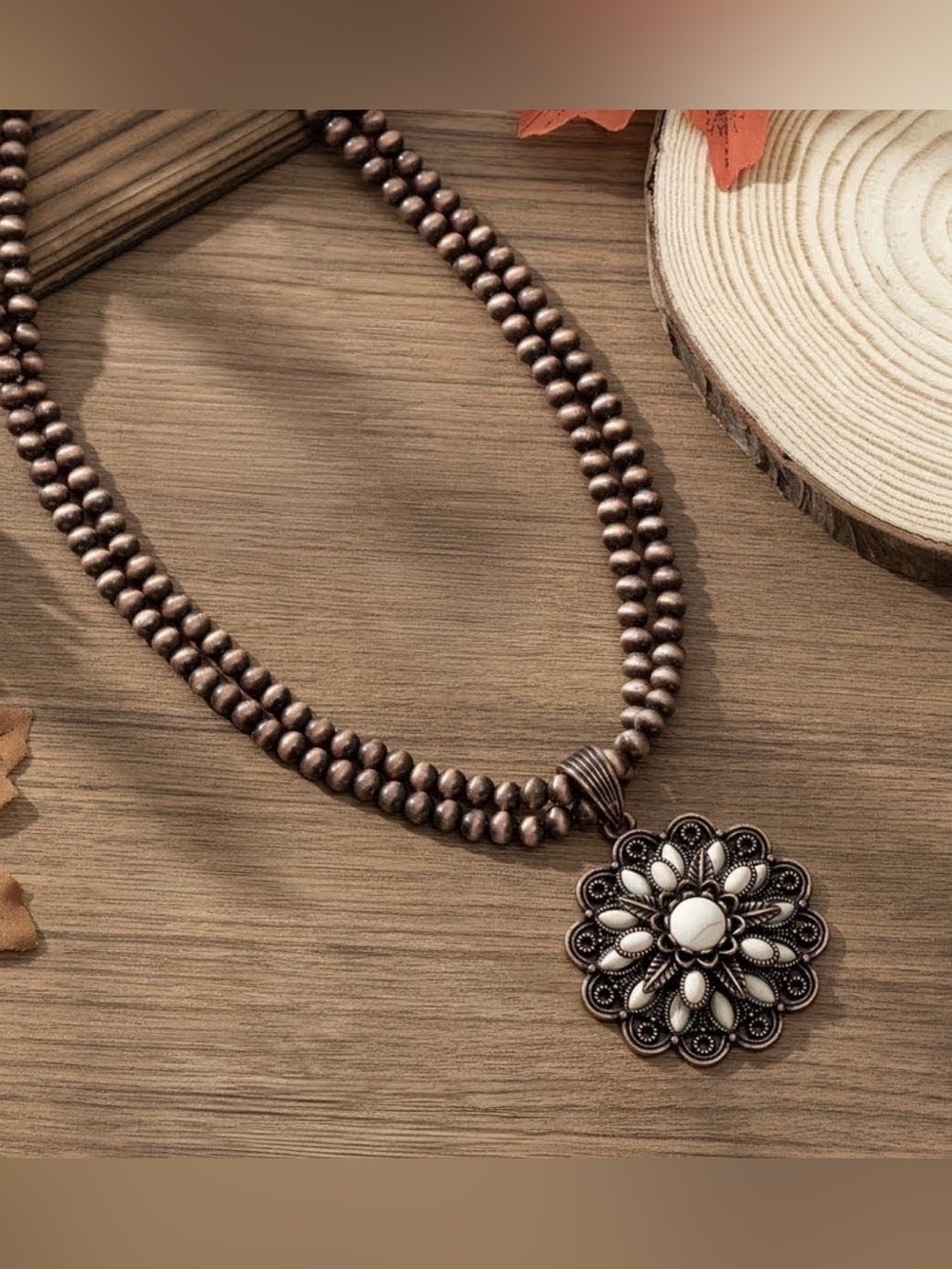 Western Necklace Bohemian Brown Beaded Necklace with Floral Pendant